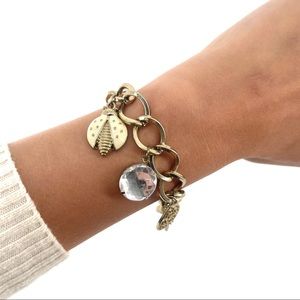 NWOT Golden Charm Bracelet Butterflies Flowers Gems